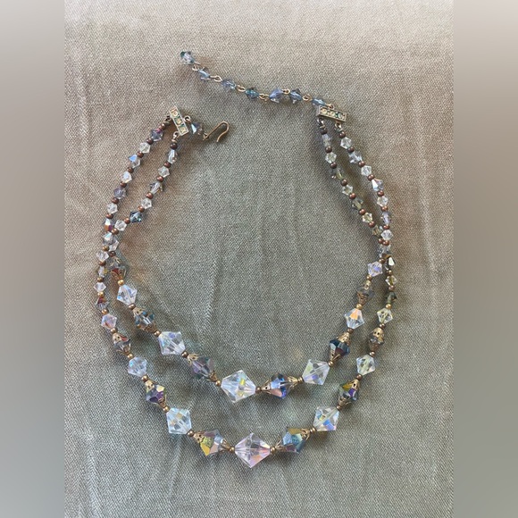 Vintage Aurora Borealis Lead Crystal Two Strand Bead Necklace Choker 1950s - Picture 1 of 6